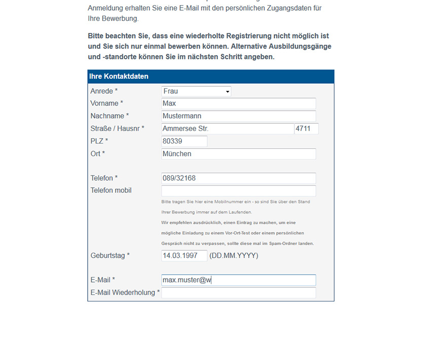 Kontaktformular im Jobmatcher